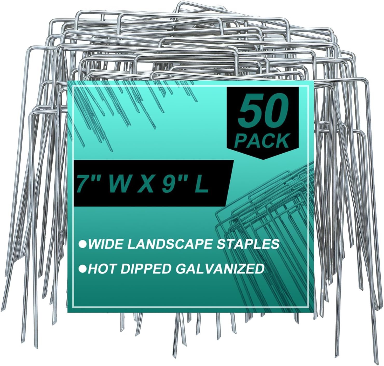 50 Pack Heavy Duty Wide Landscape Staples, 7 Gauge Galvanized Steel Turf Stakes Garden Stakes Bulk, U Type Anchor for Grass, Securing Weed Barrier Fabric, Pipes, Sod (8"x6")