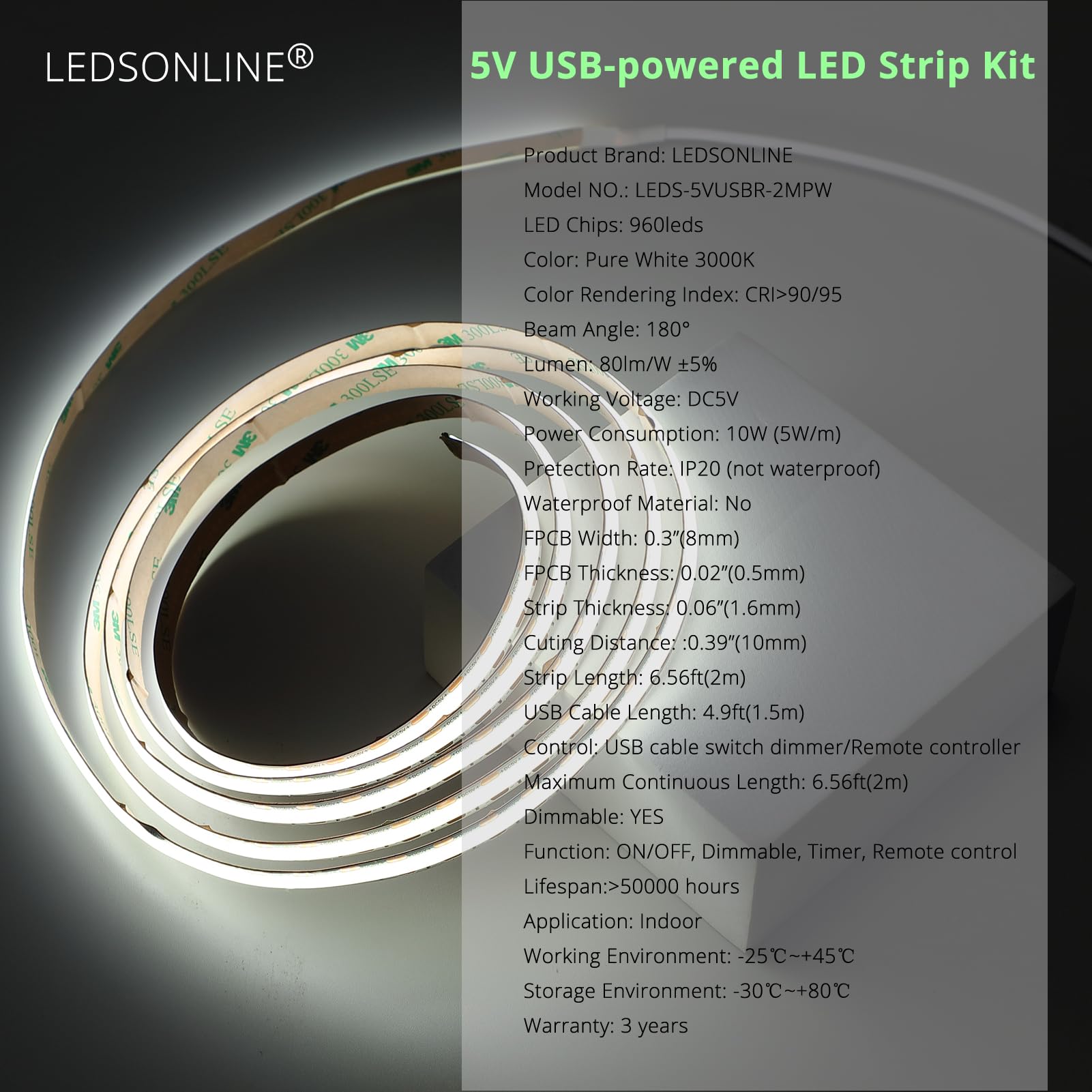 White LED Strip Tape Lights COB 5V USB-Powered Dimmer RF Remote Control 6.56ft 2m 960led Dotless 10W 800lm CRI Score 95 Pantry Kitchen Closet Cabinets LED Strips (Pure White 6000K 6.56ft Kit)