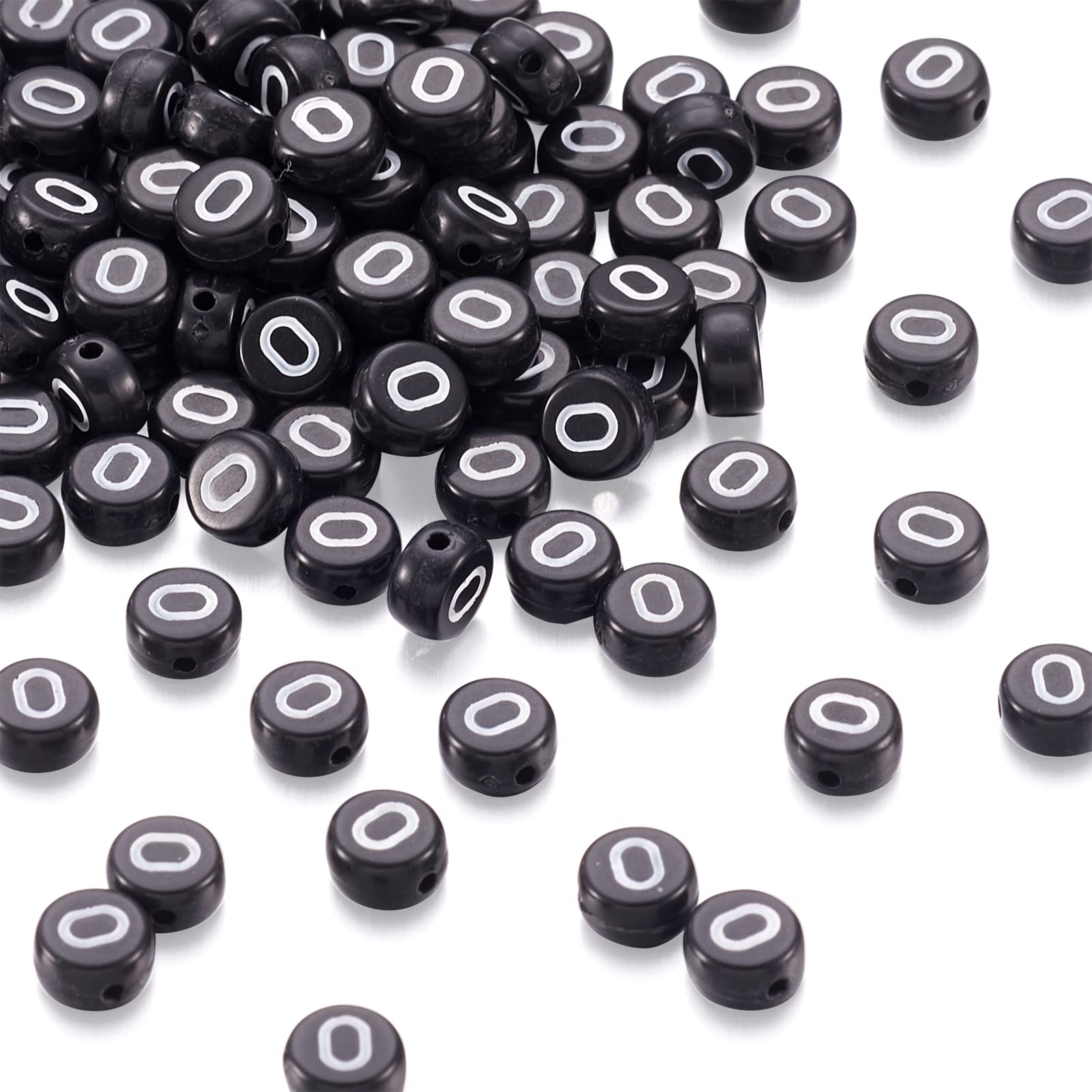 Cheriswelry About 370pcs Black Acrylic Letter O Beads White Flat Round 7mm Loose Alphabet Spacers Charms for Name Message Jewellery Friendship Bracelet Making