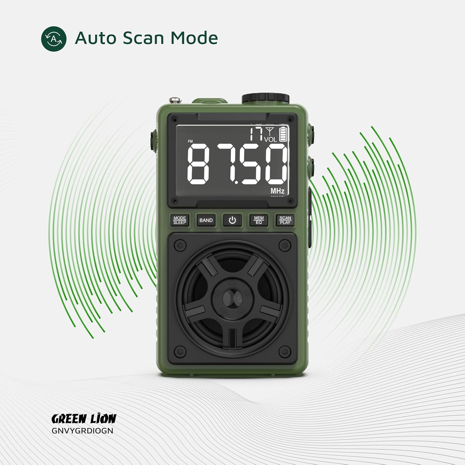 Green Lion Voyager Radio with graphic elements representing multiple radio bands.