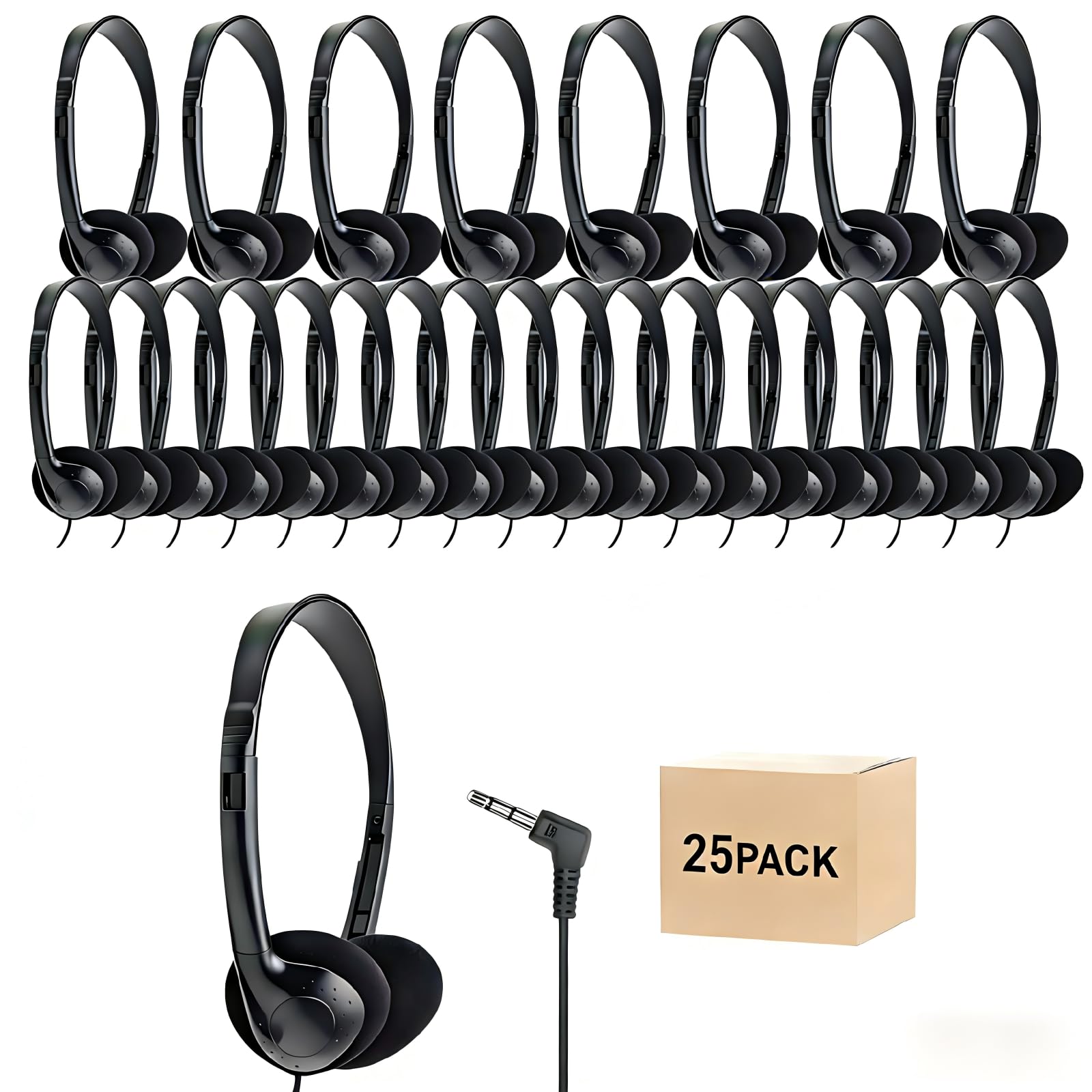 Confezione da 25 cuffie per bambini, studenti, scuola, aula, regolabili, con jack da 3,5 mm, per biblioteca, bambini e adulti (004 cuffie nere)