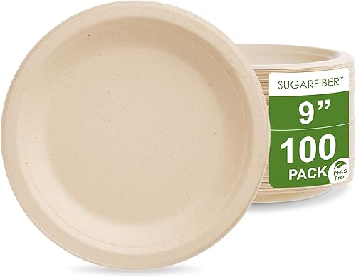 Bagasse Platos redondos, desechables, de fibra de caña de azúcar natural (bambú), de 9 pulgadas, ecológicos, que pueden transformarse en abono.