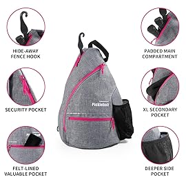 Mangrove Pickleball Bag for Women, Pickleball Backpack Adjustable Sling Bag with Fence Hook, Upgraded Capacity, Safety Pocket, Water Bottle Holder - 2023 Design Pickle Ball Paddle Bag (Gray/Pink)