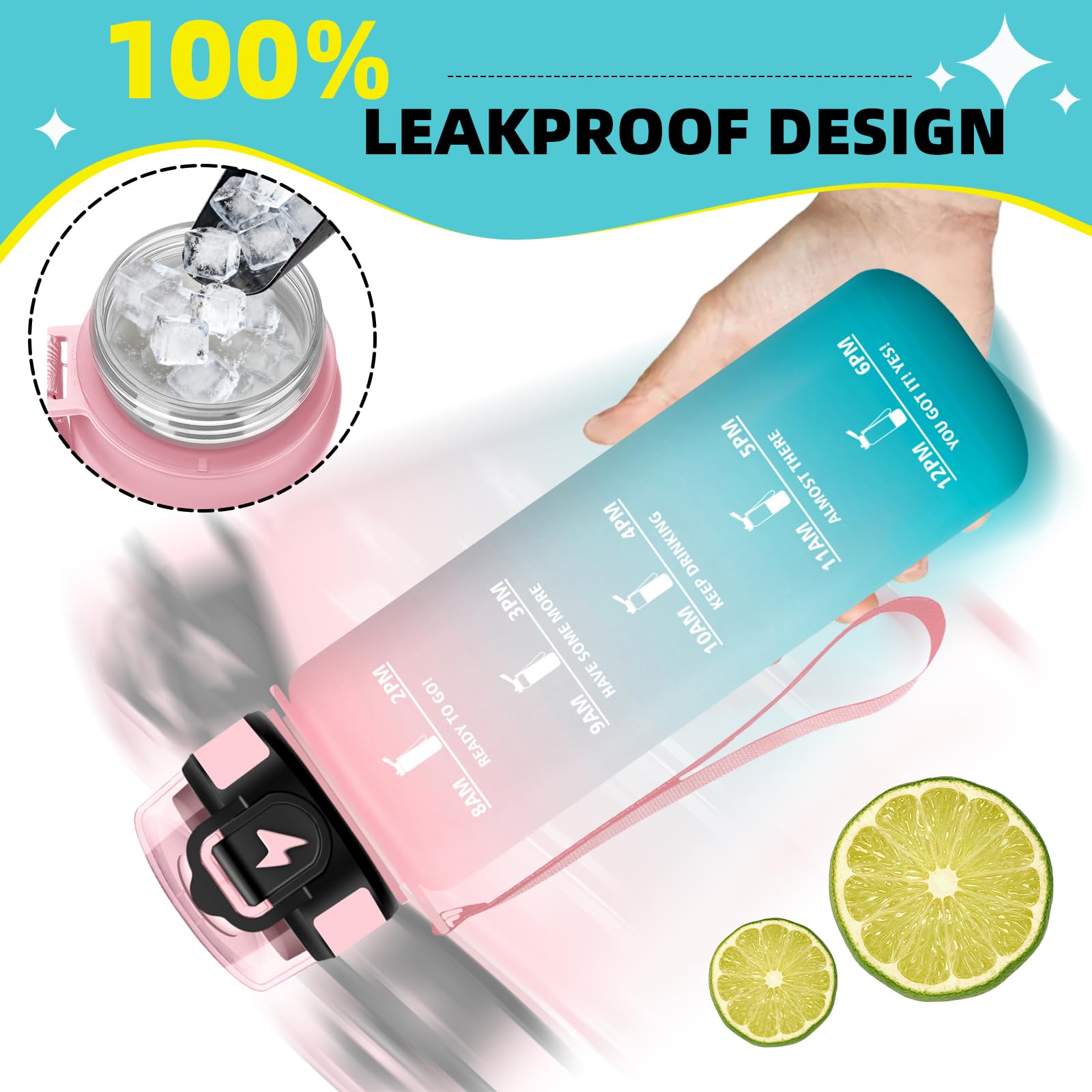 Grsta Borraccia 1 litro, Borracce con Cannuccia, Facile da Pulire, Senza Perdite Borraccia Palestra con Indicatore del Tempo, Bottiglia Motivazionale per Campeggio, Bicicletta, Fitness