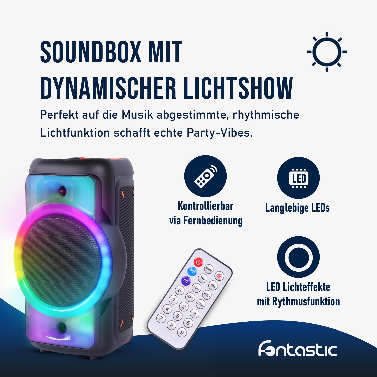 Fontastic Party Lautsprecher Rokka - tragbarer Trolley-Bluetooth Lautsprecher mit USB-Wiedergabe, AUX, MicroSD, LED-RGB Lichteffekten & Aufnahmefunktion - Karaoke Box mit Mikrofon - Schwarz