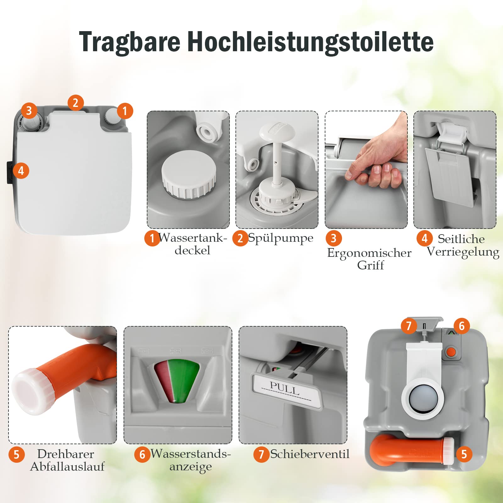 COSTWAY 20+10L Campingtoilette mit abnehmbarem Abwassertank & Wasserstandsanzeige, Campingklo tragbar, Reisetoilette bis 200 kg belastbar, Mobile Toilette für Reise, Camping und Wohnmobil
