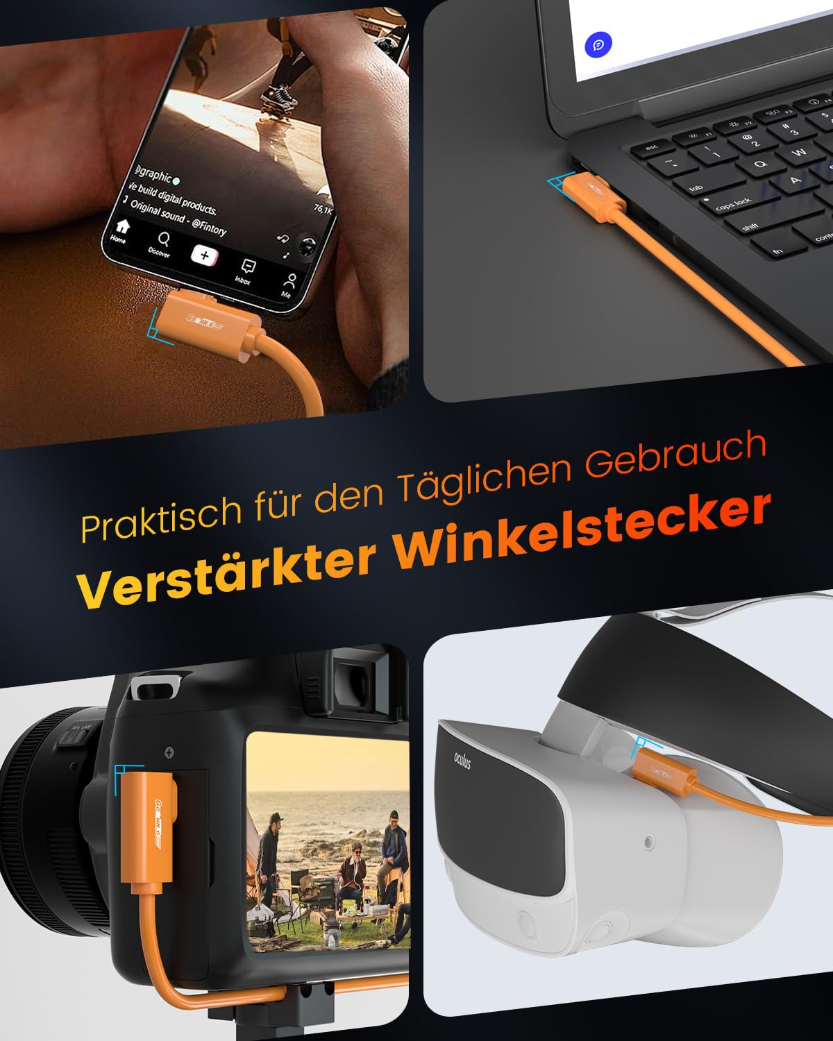 Glasfaser USB C Tethering Kabel 4.5M, Rechtwinkliges 10Gbps VR Cord für Bidirektionale Datenübertragung mit PD 60W, USB 3.2 GEN 2 Link Kabel für VR/Kamera/Sony/Canon/Nikon/MacBook (Orange)