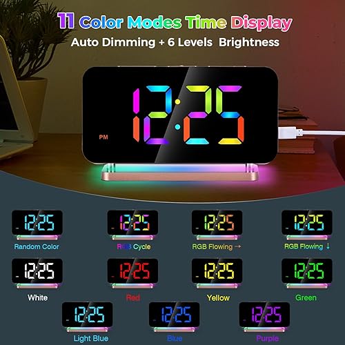 Miniatura 4 de Poeroa Reloj despertador RGB, reloj digital con espejo LED de 7.4 pulgadas, pantalla grande, con luz nocturna, puerto de cargador USB C, atenuador
