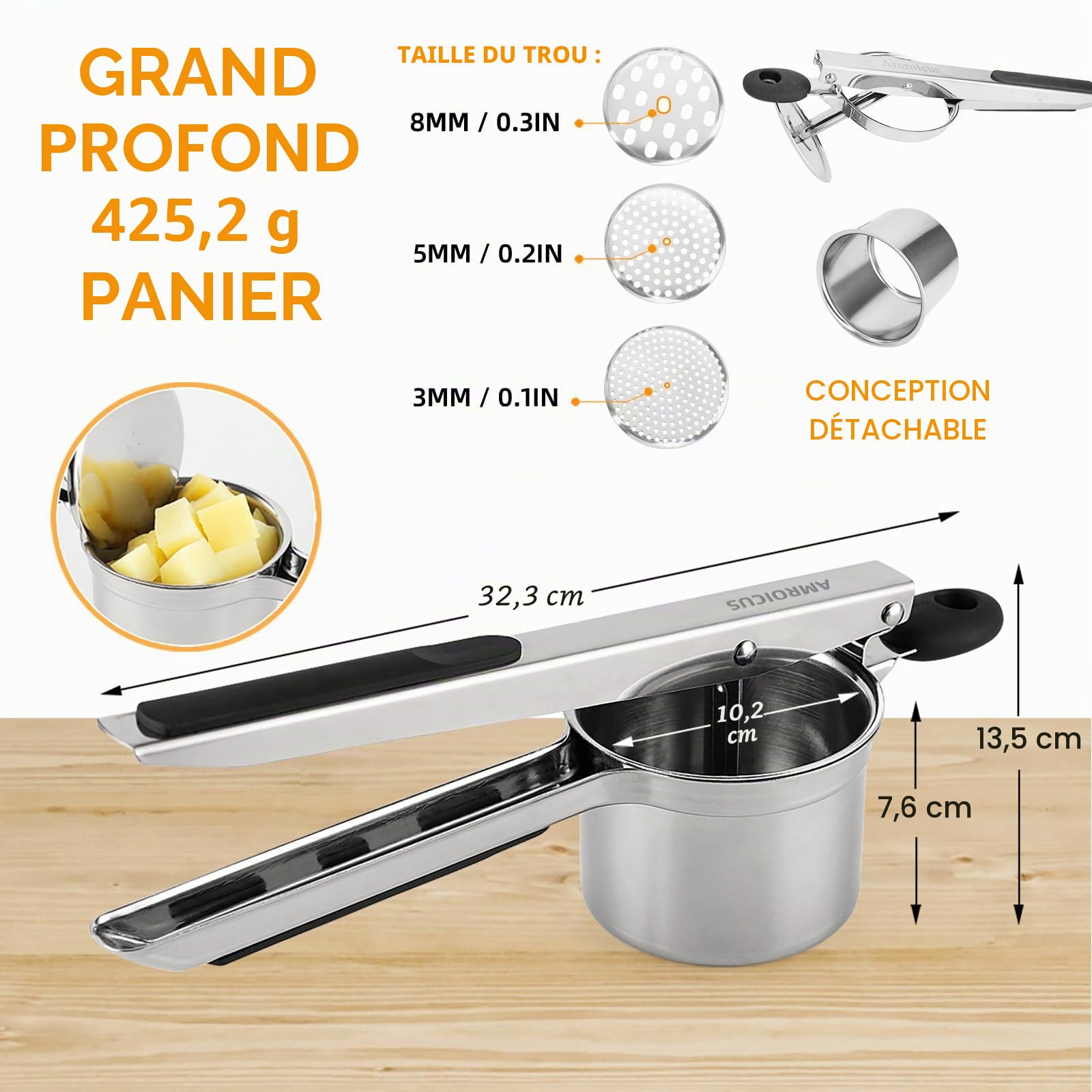 Presse-purée inox 18/10 450 ml, Presse pommes de terre robuste 3 disques interchangeables, Ustensile cuisine purée lisse spaetzle gnocchis légumes