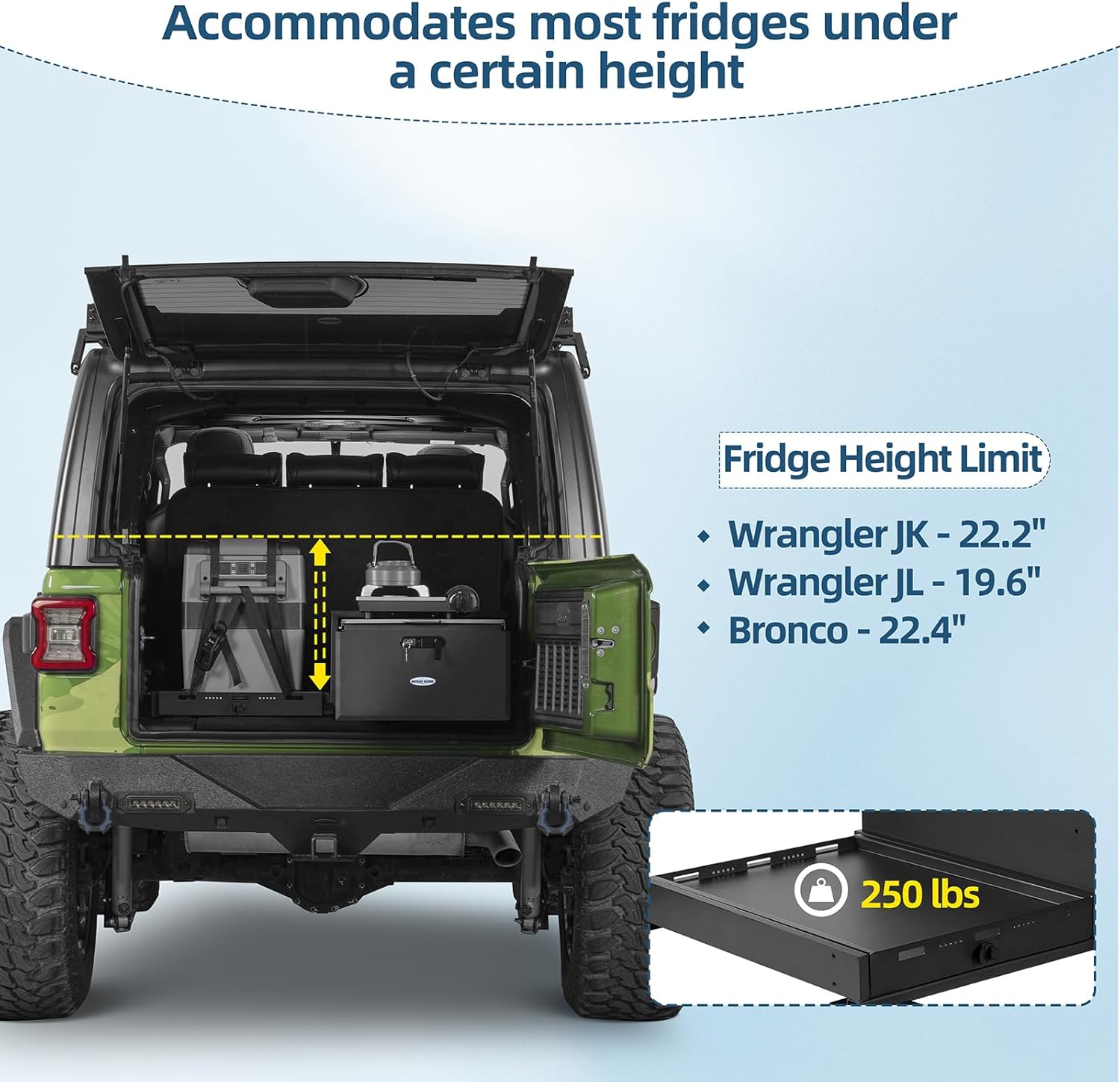 Hooke Road JK JL Bronco Trunk Storage Organizer & Fridge Slide Mount for 2007-2026 Jeep Wrangler JK JL 4-Door & 2021-2026 Ford Bronco 4-Door, Lockable Cargo Drawer Sliding Out Fridge Tray