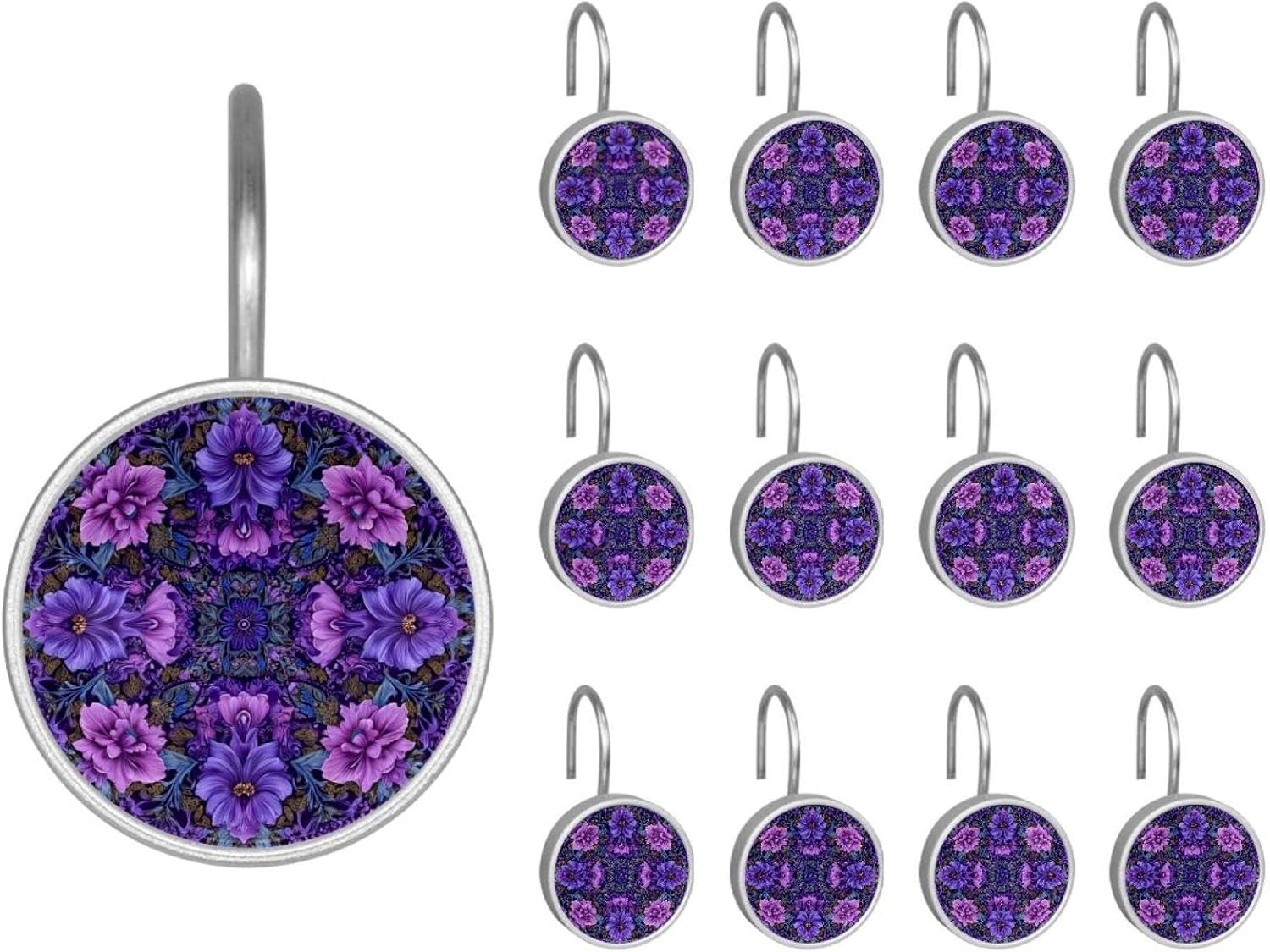 12PCS Purple Round Hipple Mandala Floral Flowe (7) Shower Curtain Hooks Rings for Bathroom, Decorative Shower Curtain Hooks Rods Curtains and Liner