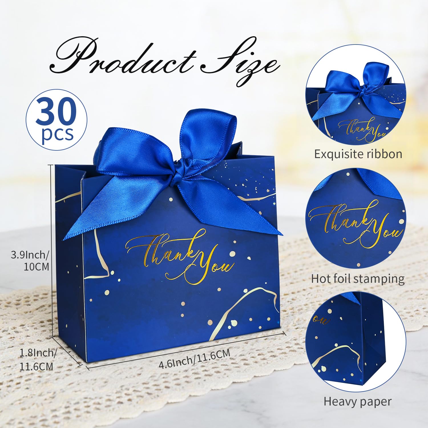 DECHISY 30Pack Small Thank You Gift Bags,Marble Pattern Party Favor Bags with Blue Bow Ribbon,4.5x1.8x3.9Inches,Paper Bags for Birthday Wedding Bridesmaid Holiday Valentines Day(Blue)