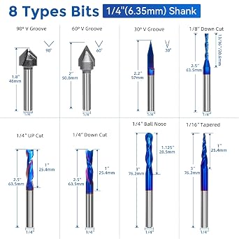 8PCS CNC Router Bits Set 1/4 Shank, Carbide End Mill Multipurpose Router Bits for Trimming V Groove Engraving Resin Lettering Sign Making, with ER11 Collet, Storage Rack