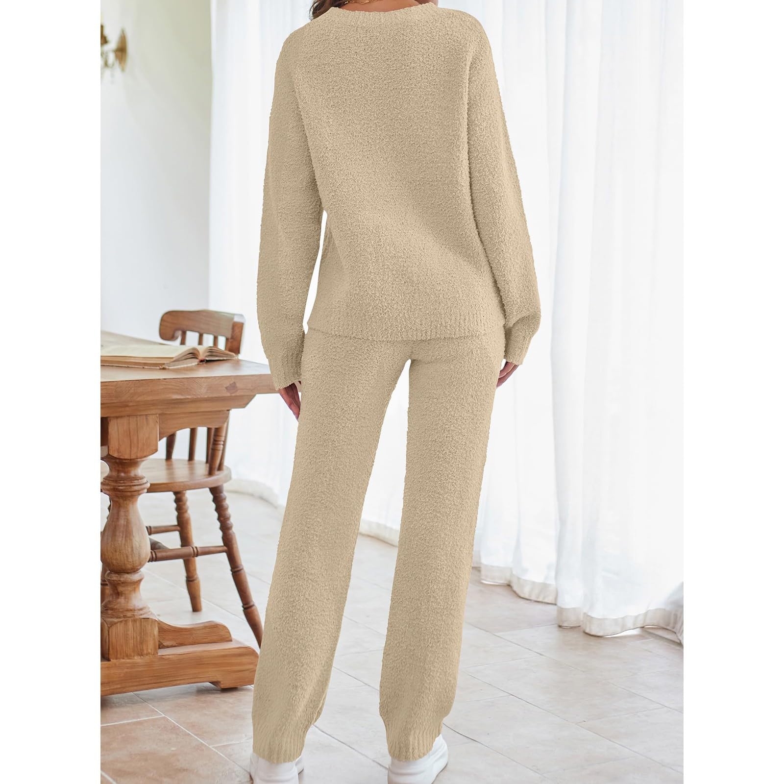 Pijama de forro polar de talla grande para mujer, conjunto de ropa de descanso de dos piezas para mujer, pijama suave y esponjoso, manga larga, casual, cuello redondo, ropa de dormir con bolsillos