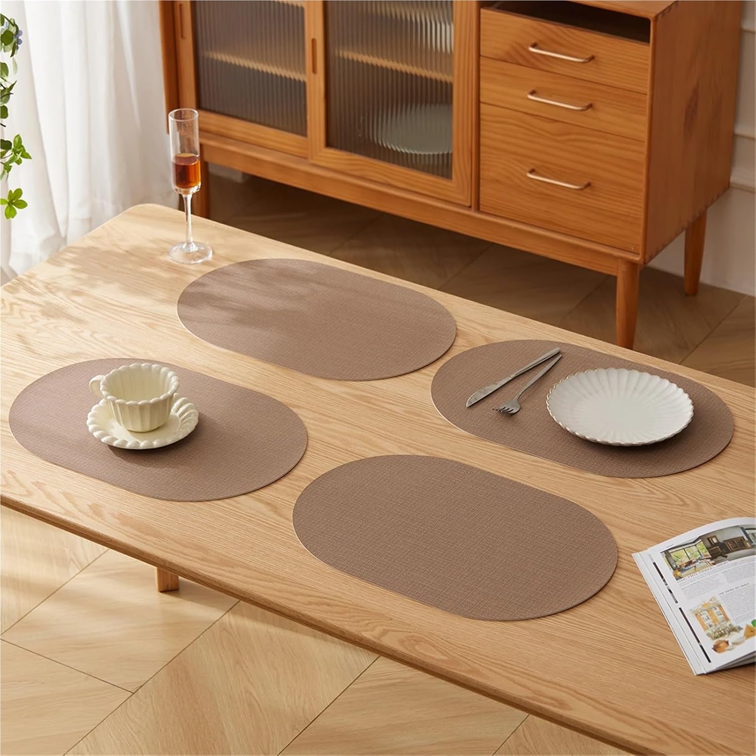 4/6/12pcs,PU Placemats,Dining Table Waterproof Non-Slip Table Mat,Heat Insulation Leather Place Mats Set,Nordic Style Cup Mat(Red,12pcs)
