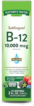 Natures Truth Sublingual Vitamin B-12 10,000 Mcg, Fast Acting Liquid, Natural Berry Flavor, 2 Fluid Ounce Pack of 1