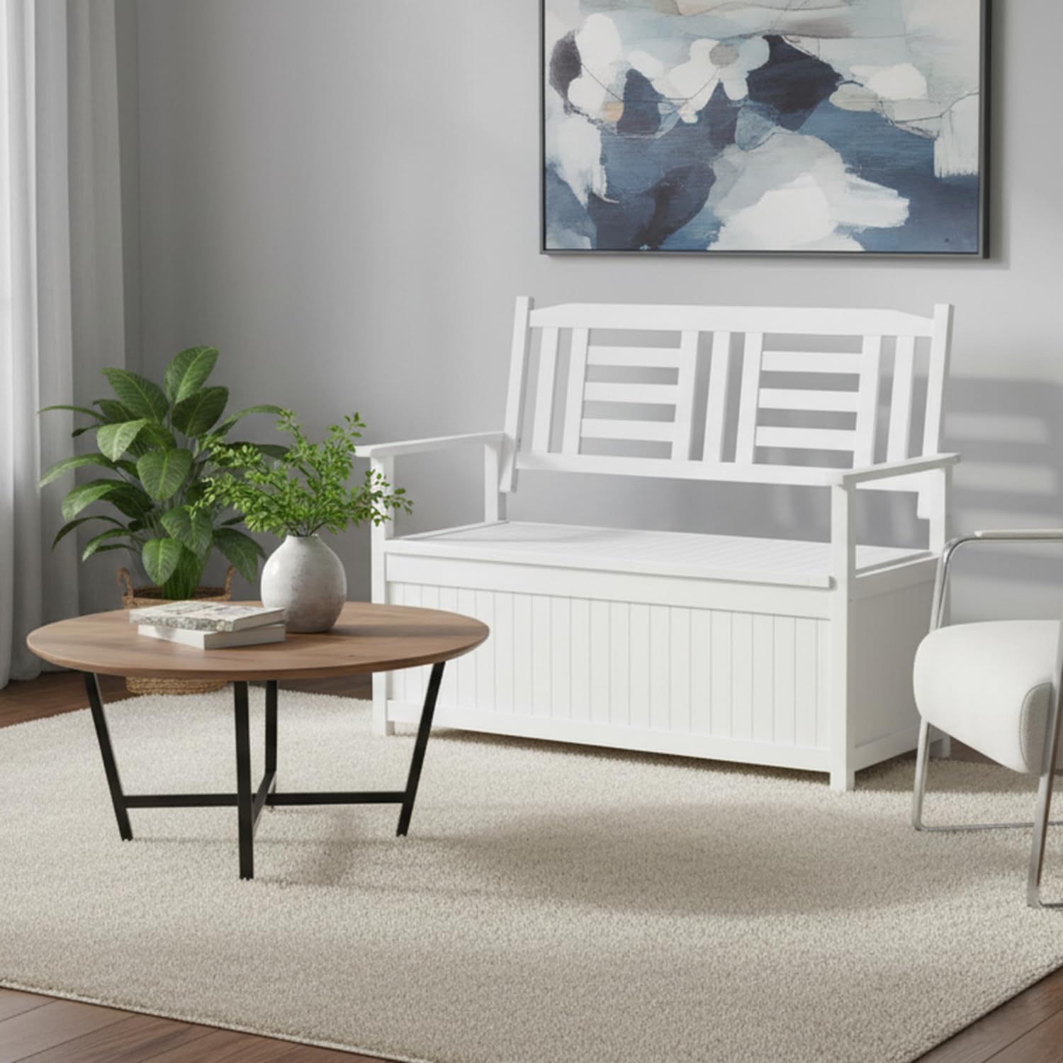 GOPLUS Banco de Jardín para 2 Personas con 185 l de Espacio de Almacenamiento, Banco Cofre de Madera Maciza de Álamo, Banco para Balcón con Capacidad hasta 250 kg, para Balcón y Jardín (Blanco)