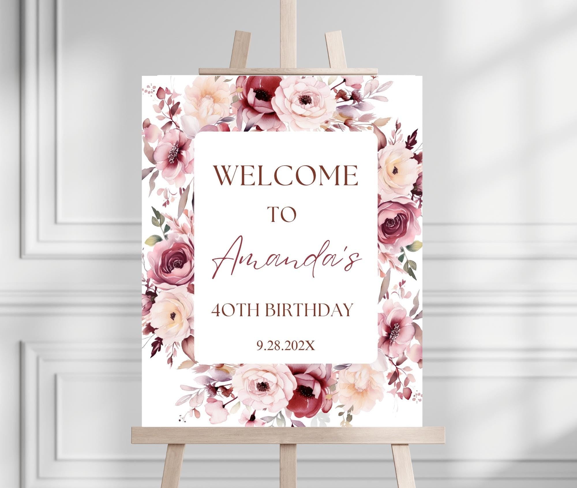 Personalized Burgundy Floral Birthday Welcome Sign, Burgundy Pink Floral 40th Birthday Sign, Birthday Welcome Poster, Blush Pink Flowers Decorations,