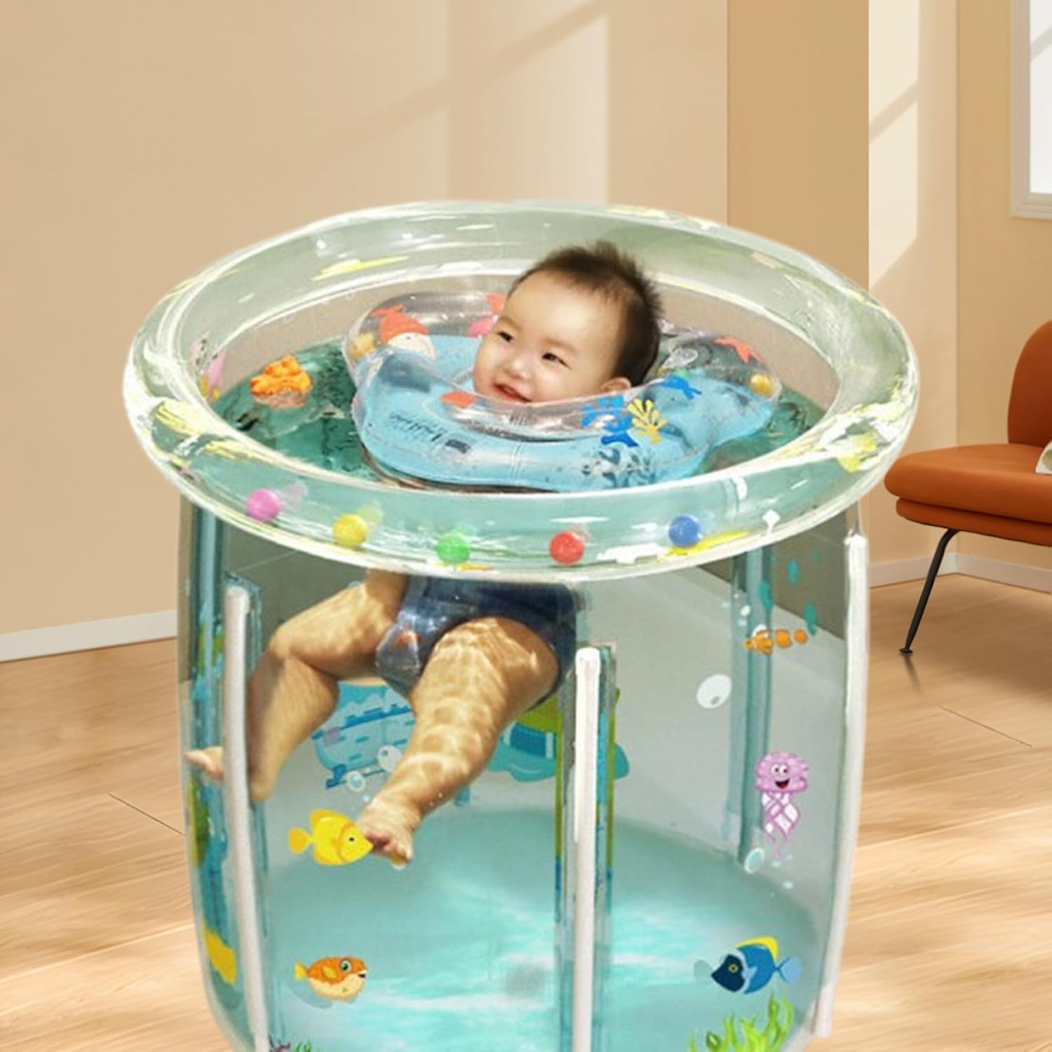 Kiddie Pool 29.5x31.5in Inflatable Baby Pool Cartoon Pattern Baby Swimming with Drainage Transparent Sealed PVC Cooling Toddler for Hot Days