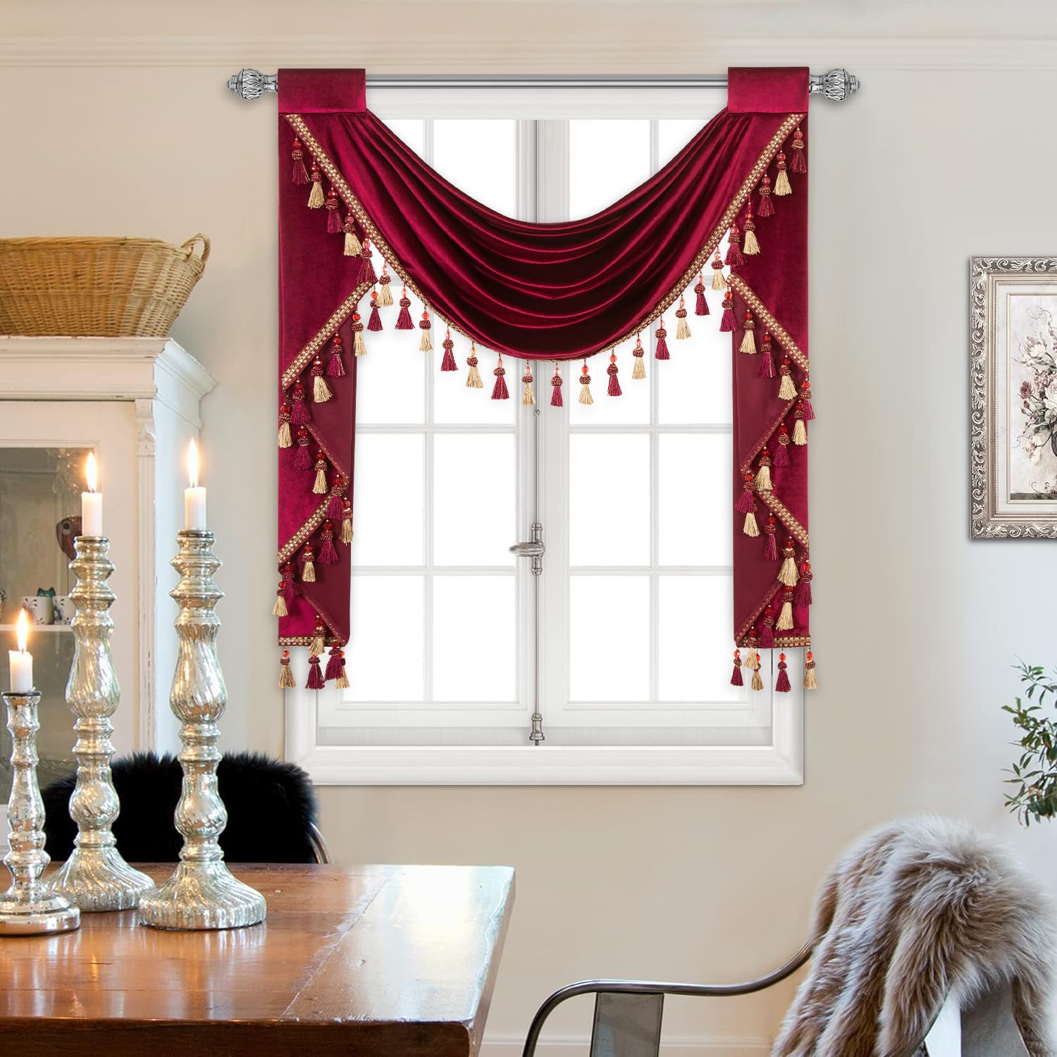 Cortinas de terciopelo suave al tacto VOGOL, cenefa de cascada color burdeos