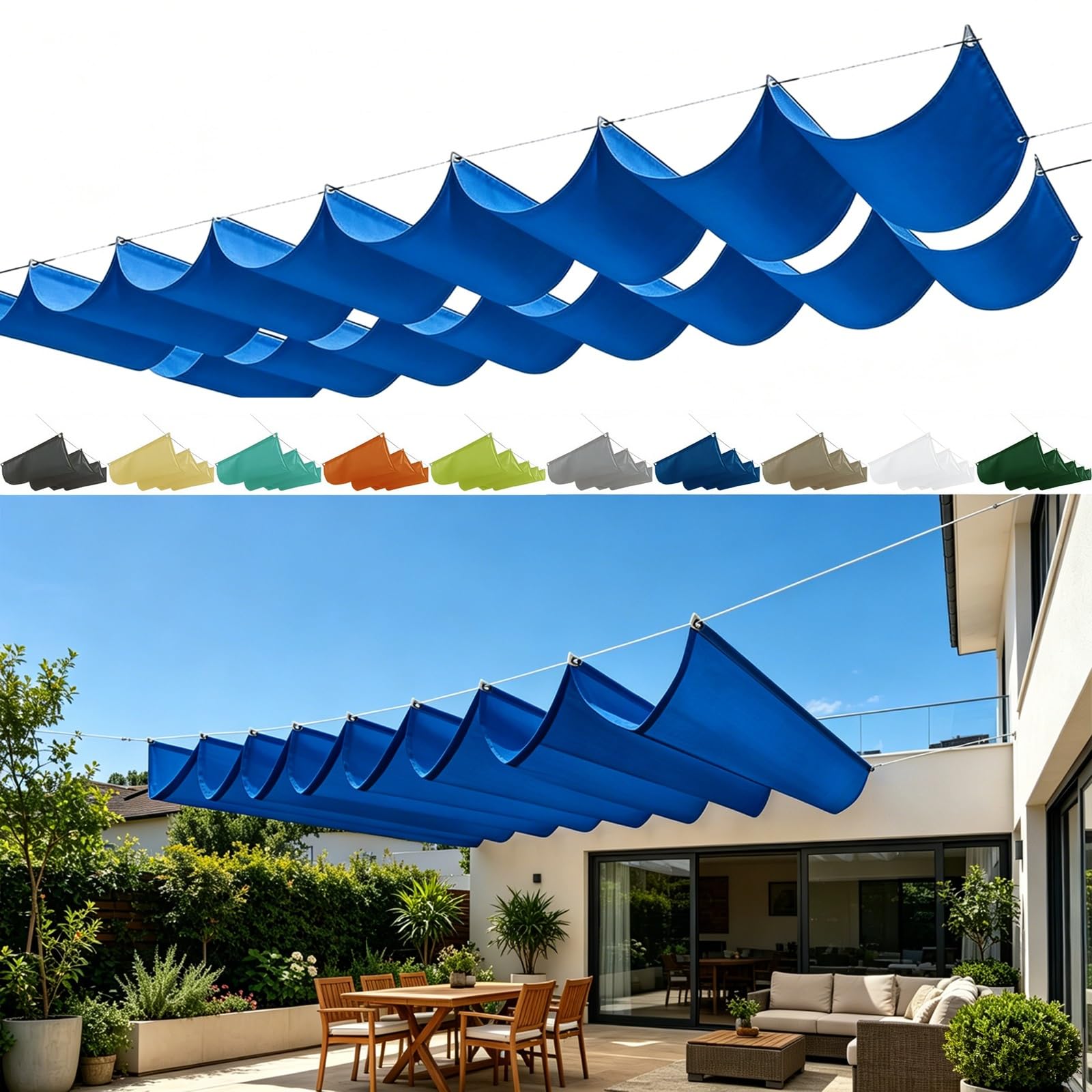 Voile d'ombrage rétractable bleu foncé pour repas sur la terrasse et patio extérieur