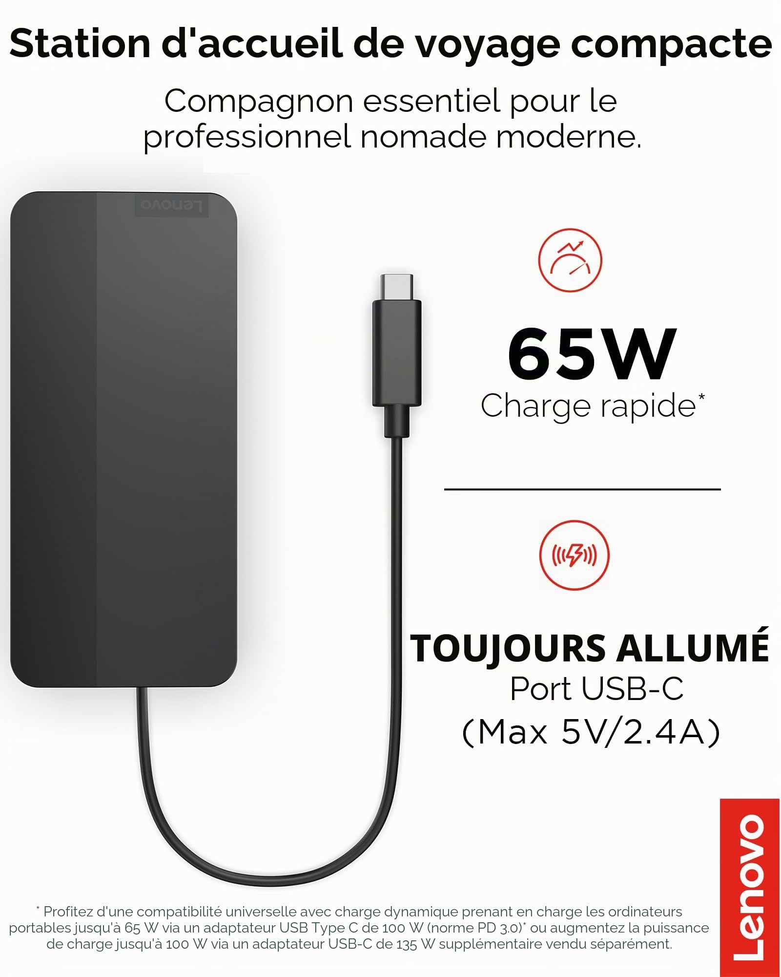Lenovo Station d'accueil de Voyage USB-C à Double écran, 7 Ports, Ports HDMI et DP prenant en Charge Deux écrans à 4K, Passe PD jusqu'à 100 W, câble USB-C intégré, Noir