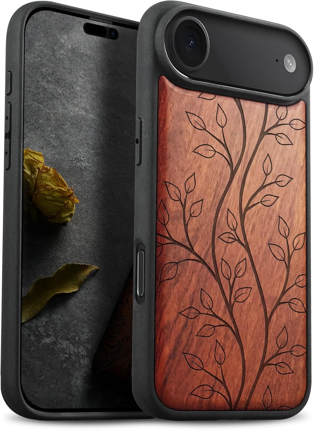 Carveit Magnetic Wooden Case for iPhone Air Case, Wood Artisan Engraved & Soft TPU Shockproof Cover, Compatible with MagSafe 17 Air Wireless Chargers (The Essence of Foliage) Rosy