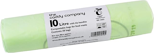 10L x 50 Tie Handle Compostable Kitchen Caddy Liners - Large Food Waste Bin Liners - EN 13432-10 Litre Tie-Handle Bags with Composting Guide