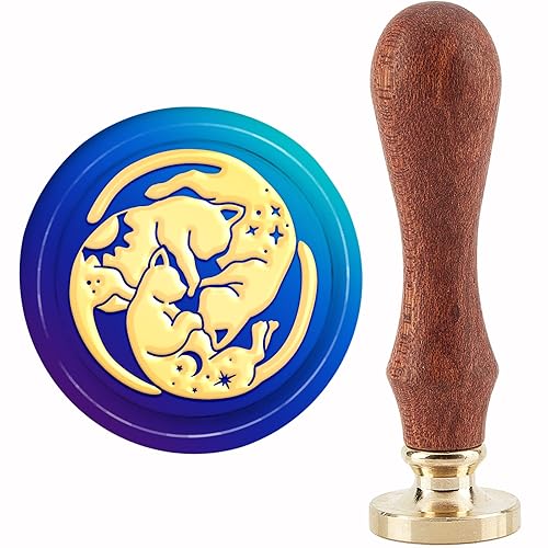 CRASPIRE Sello de cera para gatos, diseño de sol, luna, tres gatos, sello de cobre, 1.181 in, cabeza de sello de latón extraíble retro con mango de