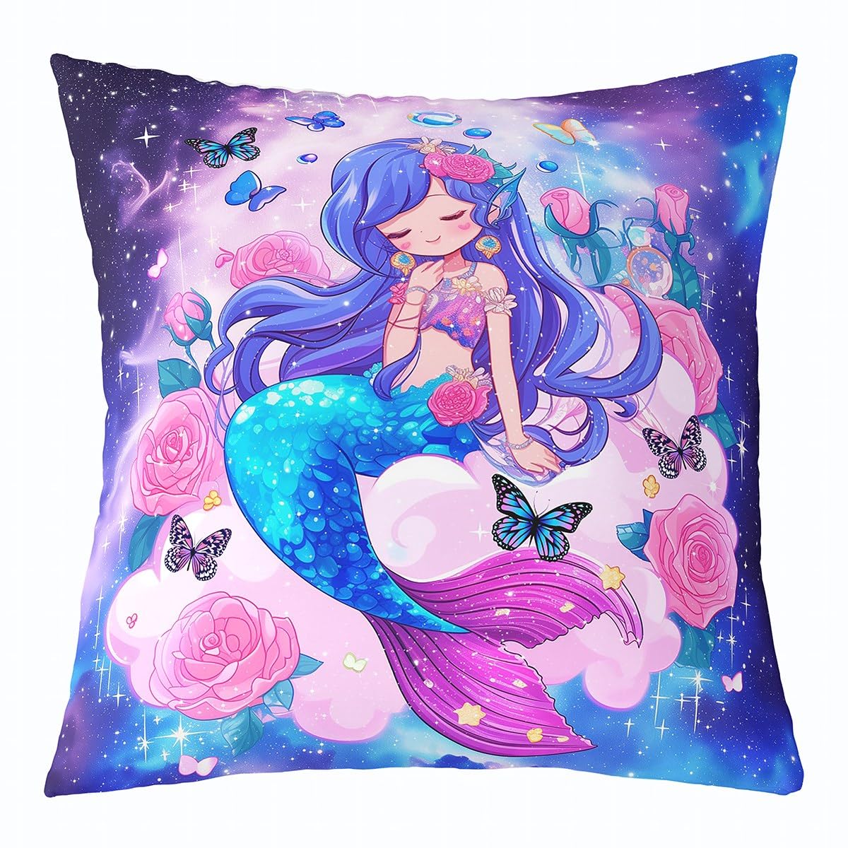 Homewish Blue Cartoon Mermaid Pillow Cover Watercolor Romantic Pink Rose Cushion Case for Kids Girls Teens Starry Galaxy Dreamy Butterfly Cushion Cover for Party Bed Sofa 20x20 Inch