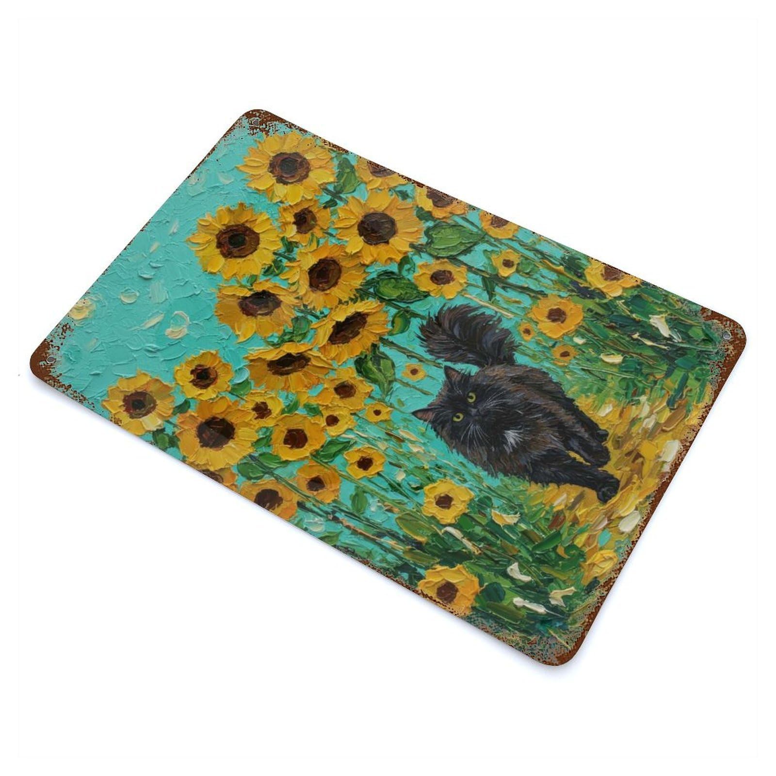 Black Cat in Sunflower Field Painting Retro Metal Sign 11.8"x7.9", Shabby Chic Decor for Garage, Pub Or Kitchen