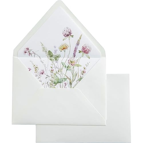 PONATIA 50PCS A7 Euro Flap Ivory Envelope, 5.25 x 7.25'' Wild Flowers Liner Envelopes for Wedding Invitations, Photos, Postcards, Greeting Cards, Christmas Gift Cards, Acrylic Mailing, 5x7 Envelopes