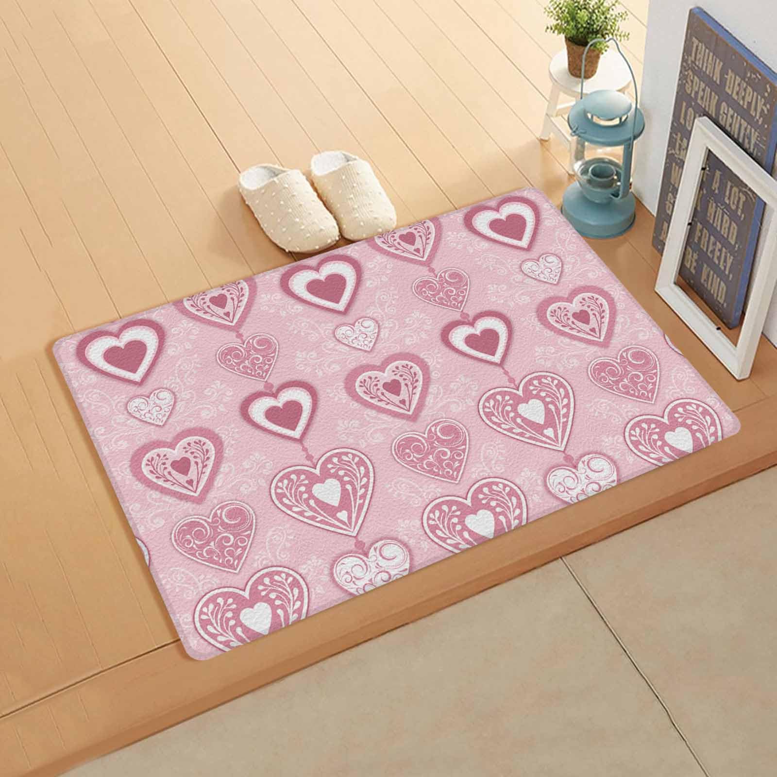 Romantic Love Kitchen Bath Door Mat Cushioned Runner Rug,Washable Welcome Floor Sink Antifatigue Mat,Waterproof & Non-Slip Comfort Standing Doormat,Valentine's Day Flower Heart Holiday 18
