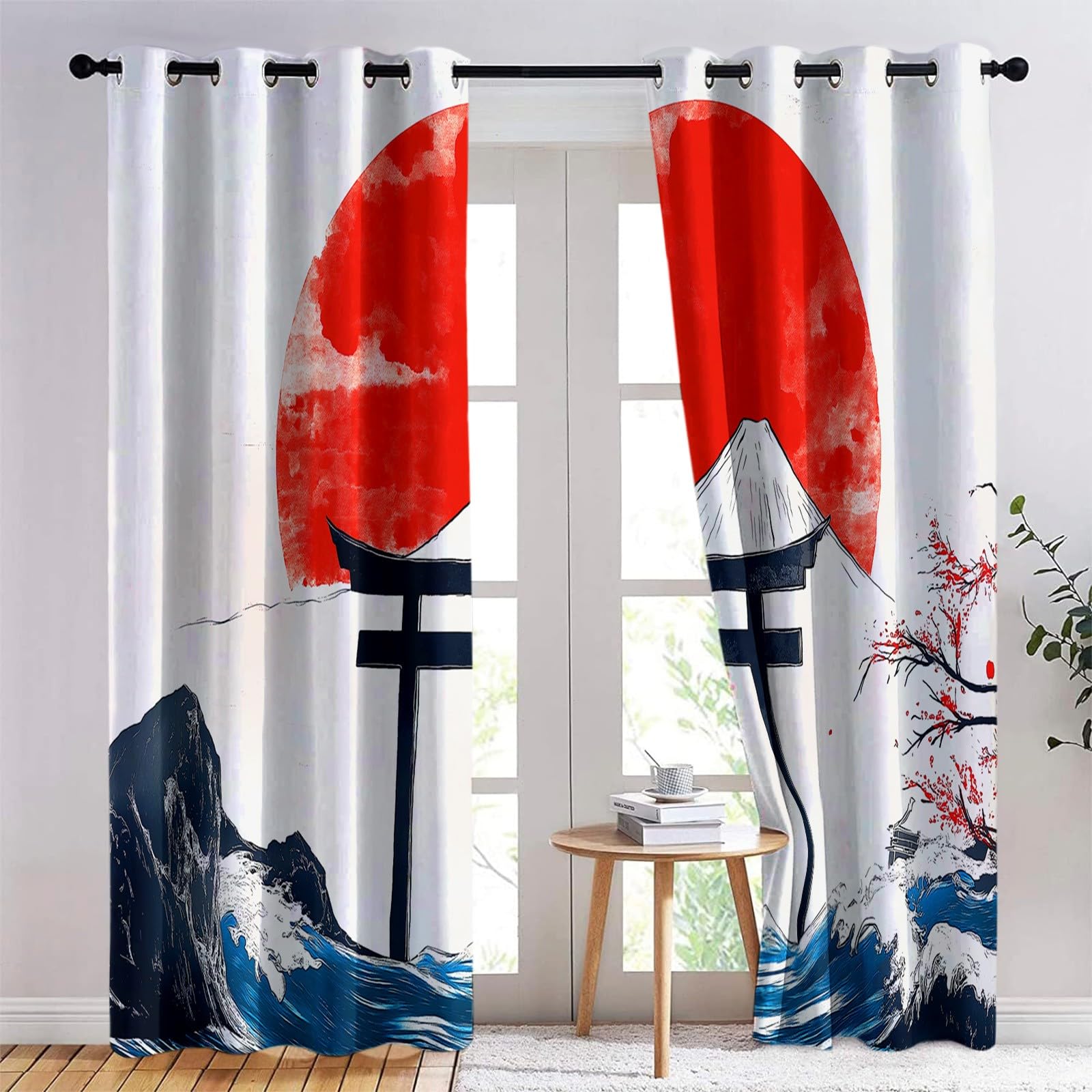 Zasłony z oczkami Japonia Torii Mountains, nieprzezroczyste, termoizolacyjne i anty-UV, dźwiękoszczelne zasłony z oczkami do sypialni, salonu jasny kolor, 220 x 215 cm, 2 sztuki