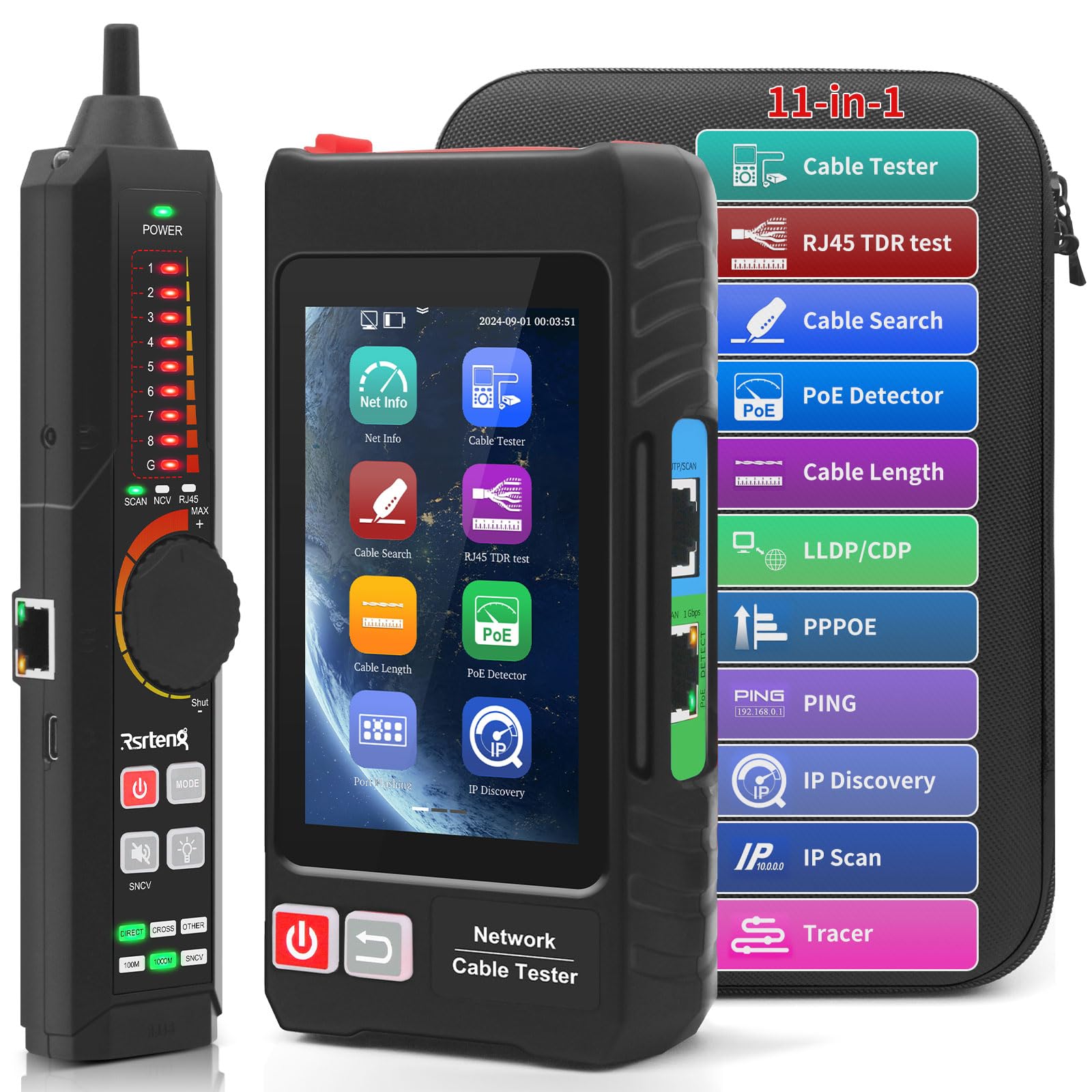 Tester multifunzione per cavi di rete, tester per cavi Ethernet UTP, tracciatore di cavi, tester di rete touch screen IPS ricaricabile da 4 pollici, test POE, RJ45 TDR, lunghezza, strumenti di rete IP