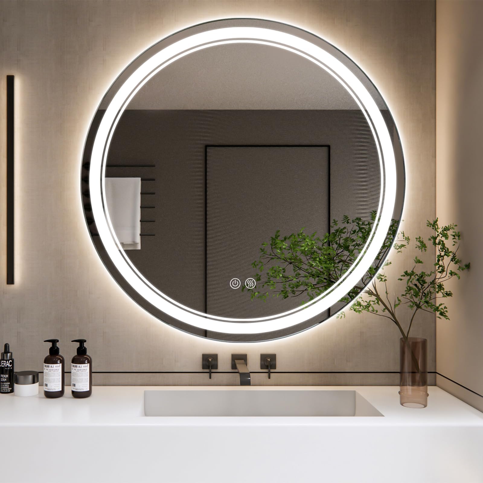 24" Round LED Bathroom Vanity Mirrors with Lights Smart Wall Mounted Circle Makeup Mirror with Anti-Fog Touch Button 3 Colors Dimmable Brightness and Memory Function