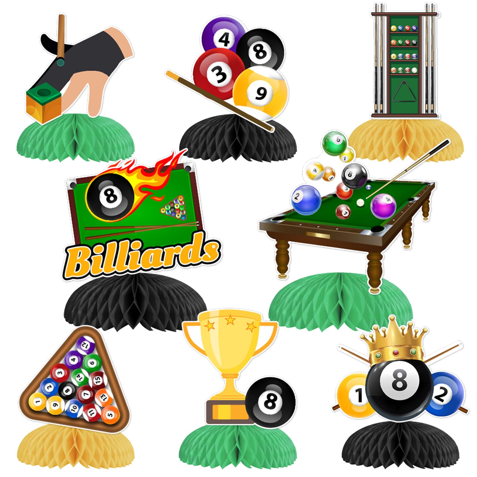 Billiards Party Decorations, 8pcs Snooker Balls Themed Honeycomb Centerpiece Double-sided Printed Table Decorations for Billiards Lovers Sports Themed Birthday Pool Ball Party Supplies