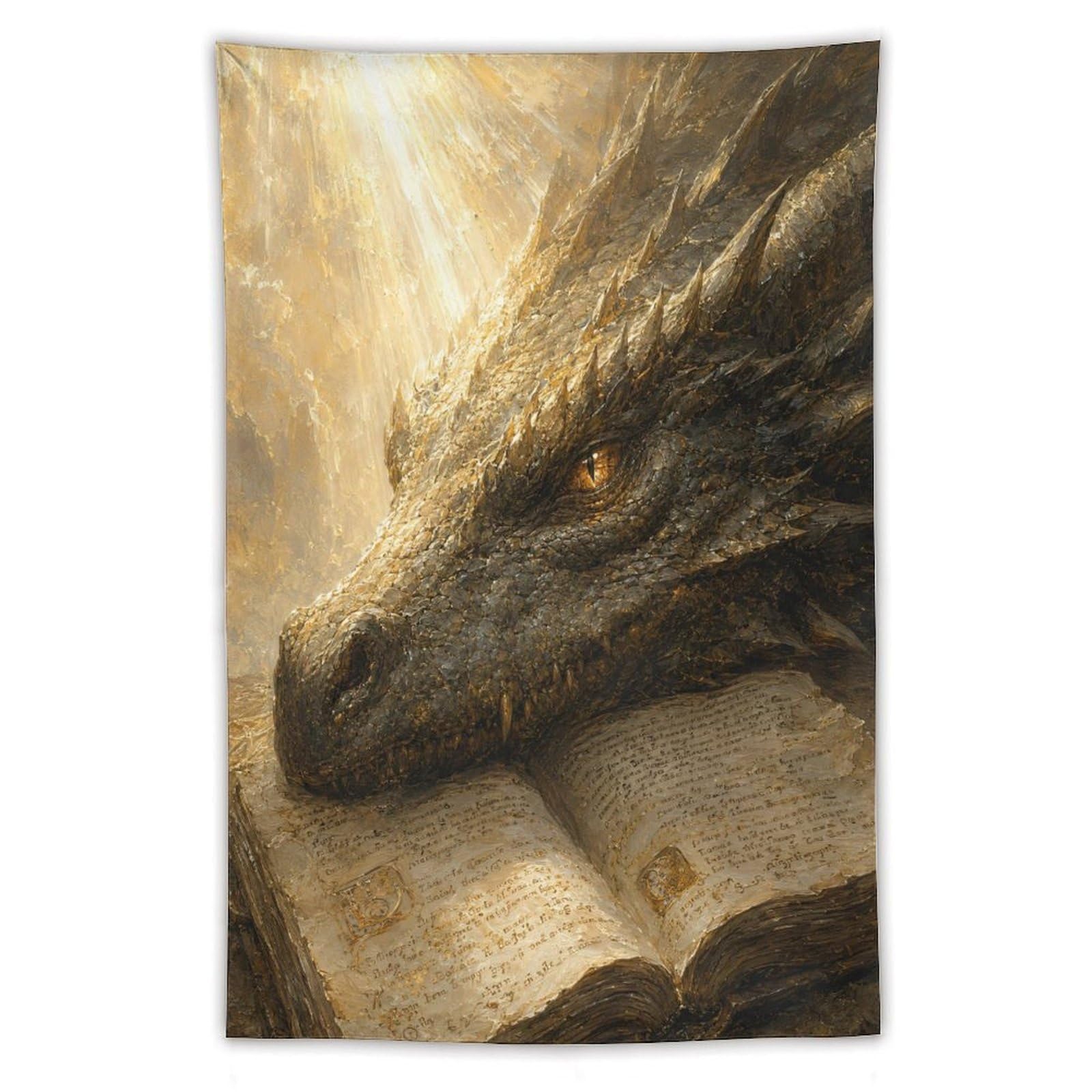 W7C8U2X3 Dragon Resting on Ancient Book Wall Tapestry, Reading Corner