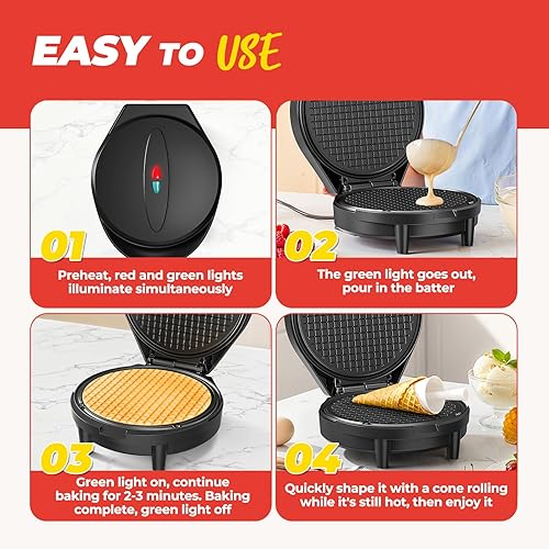Miniatura 5 de Máquina para hacer gofres y hacer conos de helado con rodillo de cono, 1000 W de doble cara con calefacción uniforme para hacer gofres finos, hace