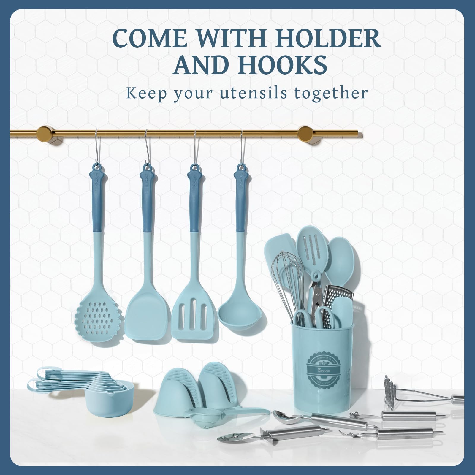 Kikcoin Set di 43 utensili da cucina, set di utensili da cucina in silicone, lavabili in lavastoviglie, set di spatole antiaderenti, resistenti al calore fino a 230 °C, con supporto, senza BPA, blu