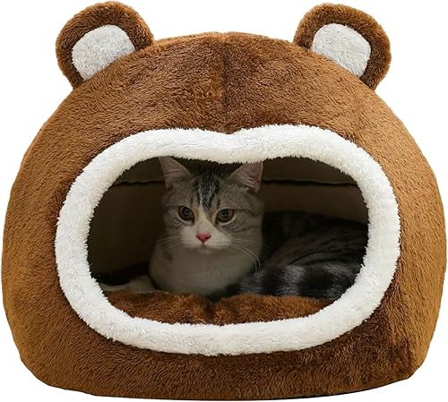 QWINEE Cama para gatos con forma de oso para interiores con cojín extraíble, tienda de campaña de felpa para mascotas, diseño de orejas de dibujos