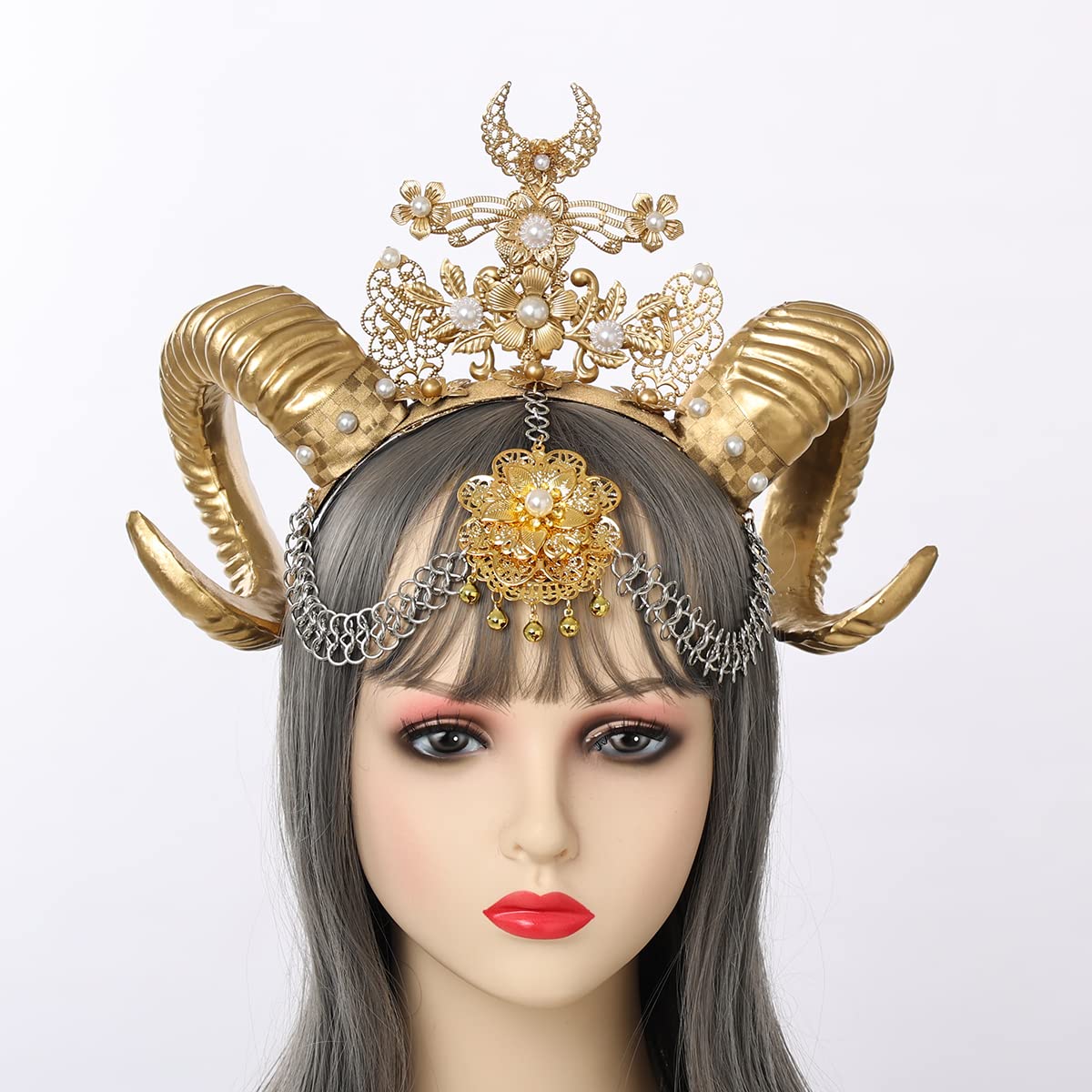 women Golden Flower Sheep Horn HairBand Gothic Headwear Costume Steampunk Cosplay (gold), Women: 20-22 - Image 3