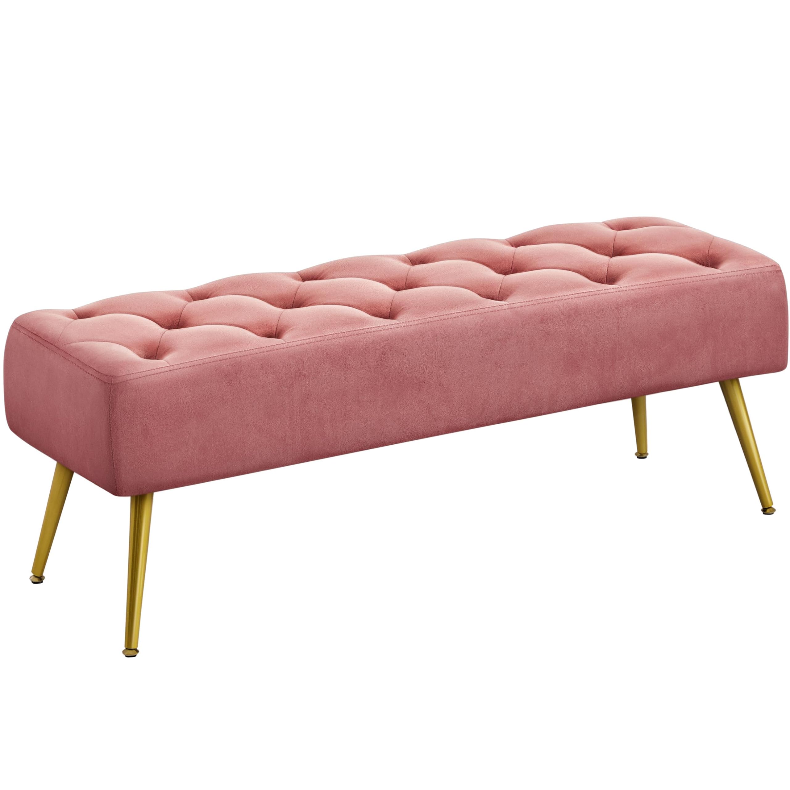 Yaheetech Modern Ottoman Bench Velvet Bench Upholstered Footrest for Living Room with Gold Metal Legs and Padded Seat Pink