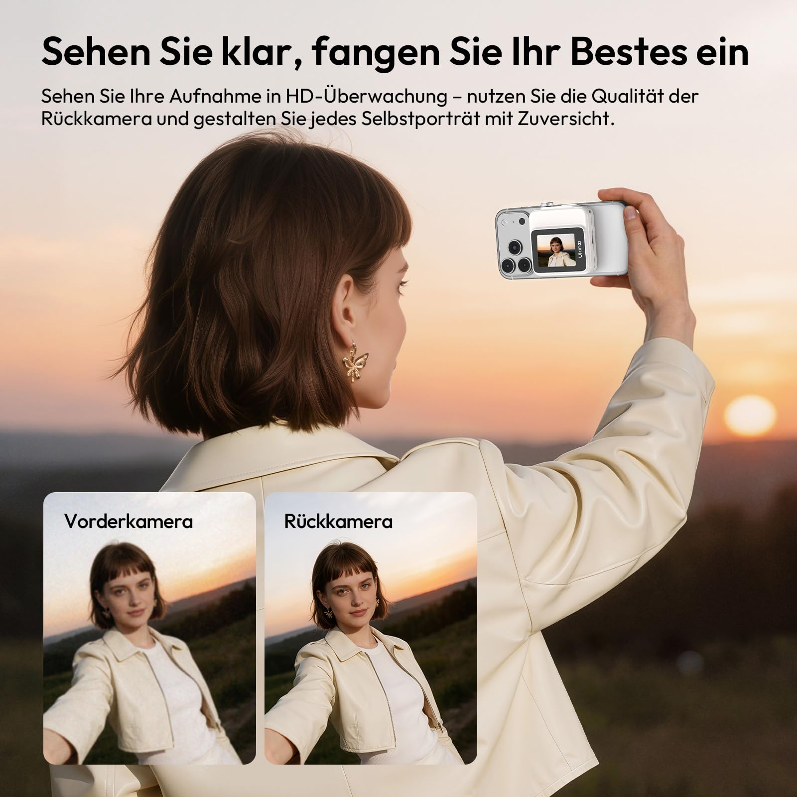 ULANZI VM02 Magnetischer Selfie Monitor, Handy Selfie Bildschirm mit Drehknopf-Fokus, Kabellos 5G WiFi Bluetooth 5.2, 1000mAh Akku für iPhone Android Rückkamera,Vlog Live Streaming TikTok (Weiß)