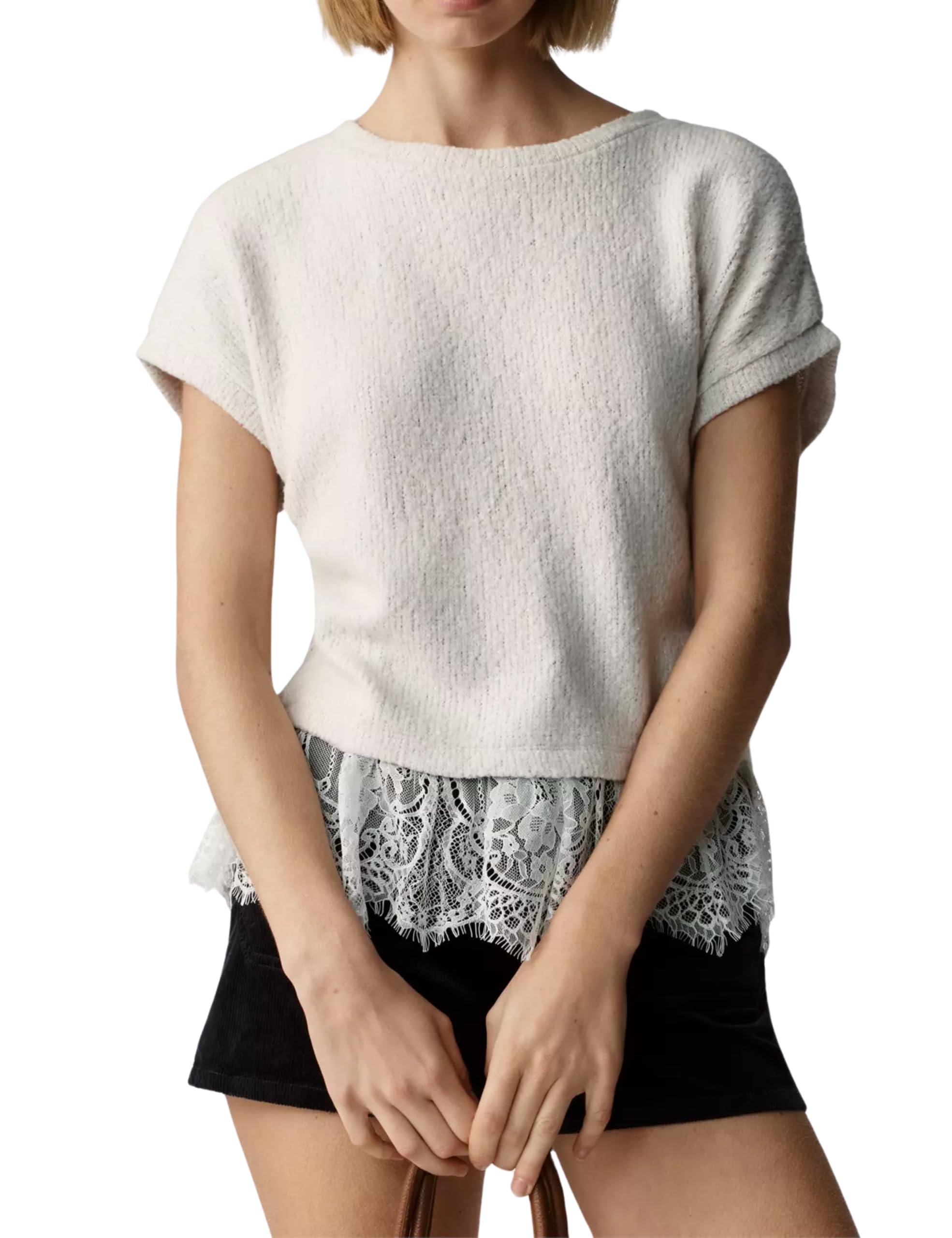 AMEBELLE Short Sleeve Sweater for Women Crewneck Lightweight Dress Shirts Casual Knit Pullover Tops Blouse with Lace Hem
