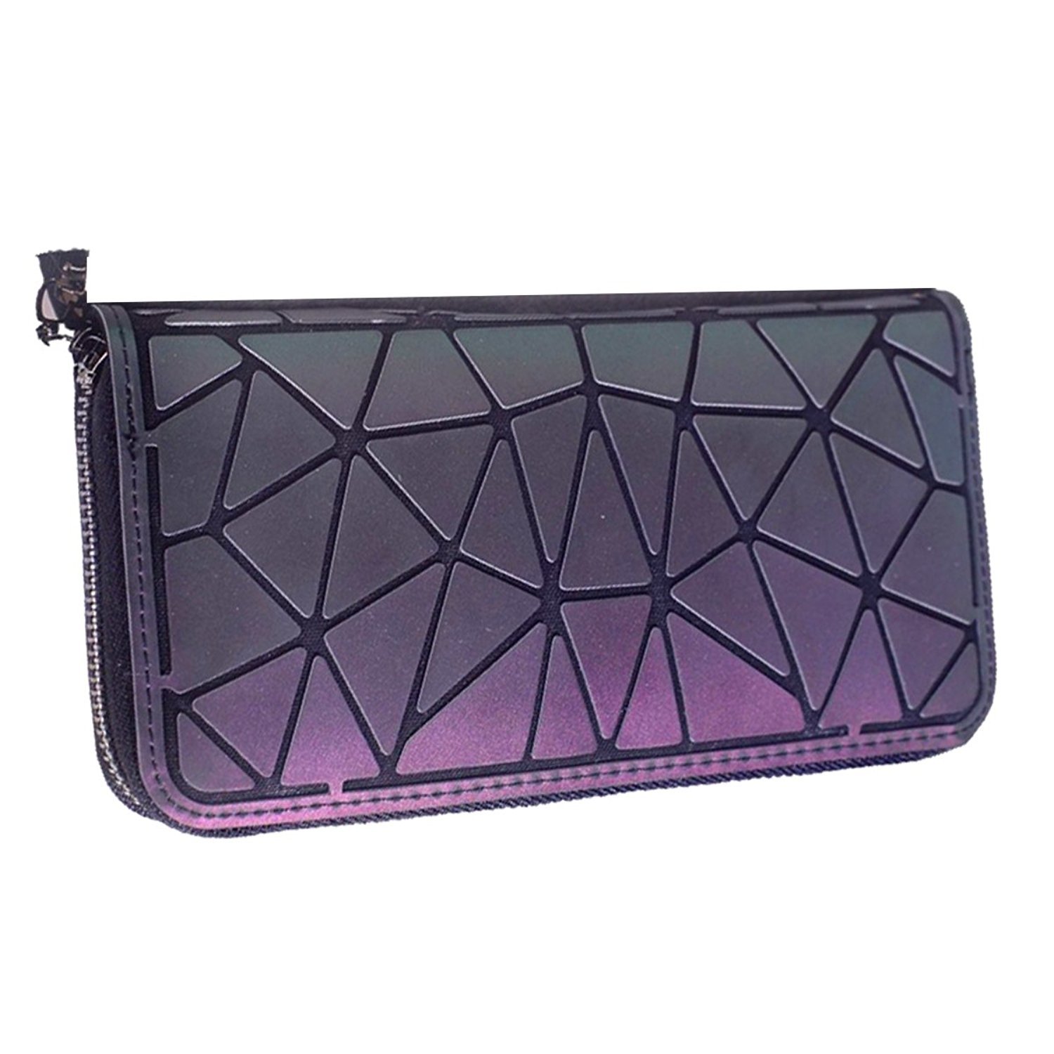 Women's Geometric Lattice Luminous Long Purse Holographic Reflective Clutch Slim Zipper Wallet