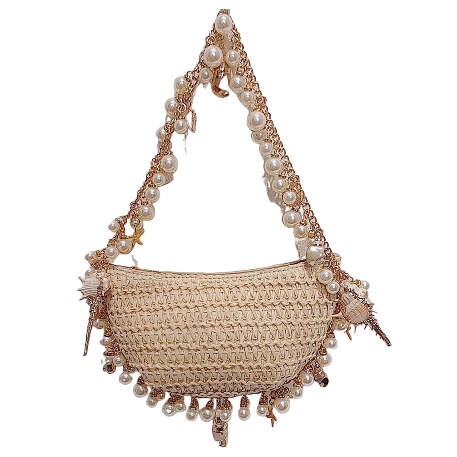 Women Pearl Conch Handbag With Chain Elegant Shoulder Bag Handwoven Holiday Beach Commute Party