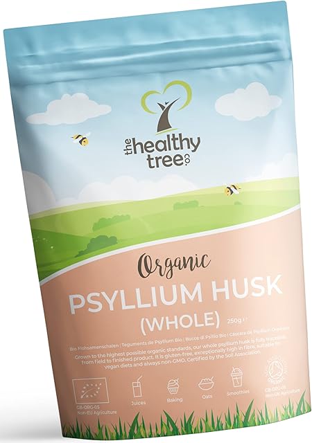 Organic Psyllium Husk (Whole) by TheHealthyTree Company - High Fibre Prebiotic - Vegan, Gluten Free Pure Organic Psyllium Husks (250g)