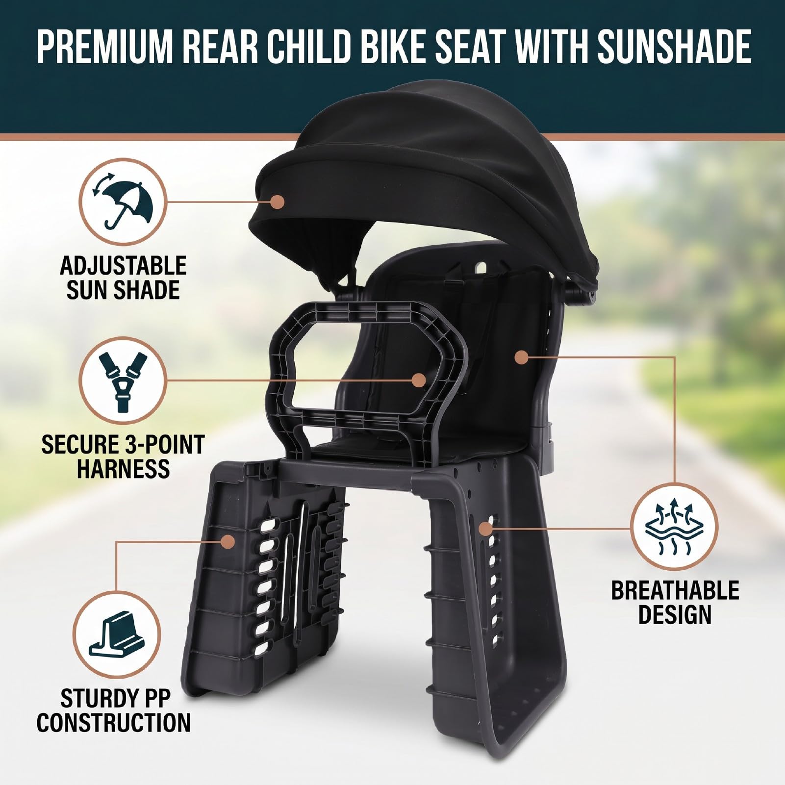 Luocute Fahrradrücksitz mit Sonnenschutz, 3-Punkt-Sicherheitsgurt | Kleinkind-Fahrradsitz, für im Alter von 1–4 Jahren, atmungsaktive Rückenlehne, Sonnendach, Fahrrad-Kindersitz