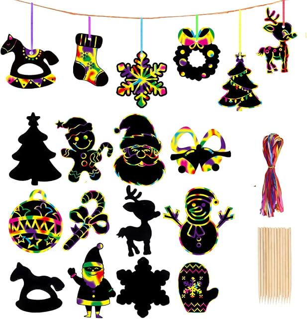 VEYLIN 48 Pieces Christmas Scratch Art for Kids Rainbow Scratch Paper Cards Ornament Decoration Christmas Stocking Fillers
